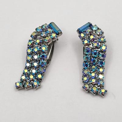 Vintage Blue Aurora Borealis Rhinestone Brooch & Clip Earrings