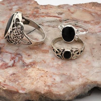 Sterling Silver & Onyx Rings Trio 9.4gr