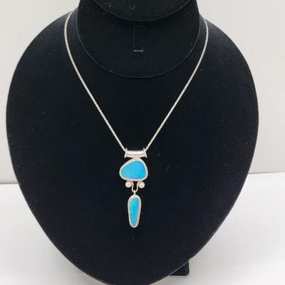 Double Opal & Pearl Accent Necklace Sterling Chain 17gr