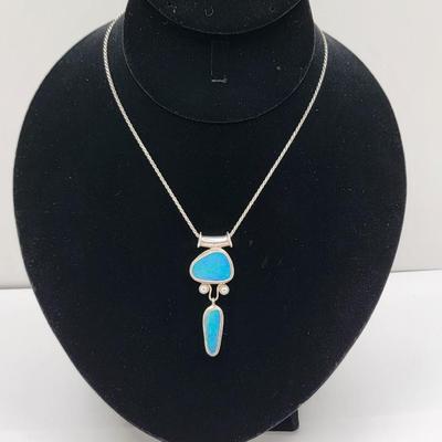 Double Opal & Pearl Accent Necklace Sterling Chain 17gr