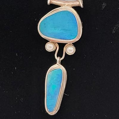 Double Opal & Pearl Accent Necklace Sterling Chain 17gr