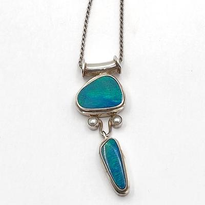 Double Opal & Pearl Accent Necklace Sterling Chain 17gr