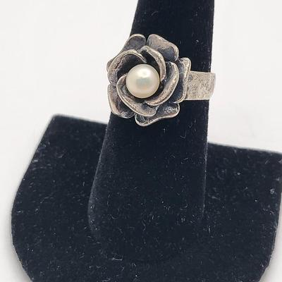 Sterling Rose & Genuine Pearl Ring 7.1gr