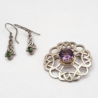 Celtic Circle Brooch With Amethyst + Earrings 11gr