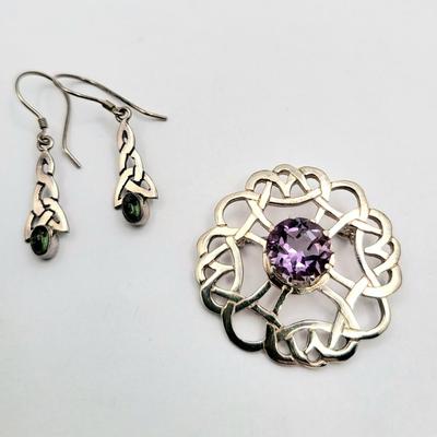 Celtic Circle Brooch With Amethyst + Earrings 11gr