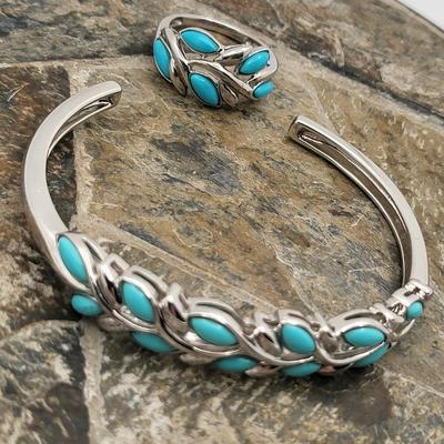 Sleeping Beauty Turquoise 925 Silver Cuff & Ring 18.7gr