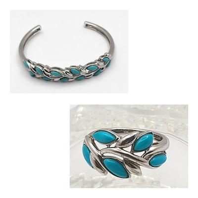 Sleeping Beauty Turquoise 925 Silver Cuff & Ring 18.7gr