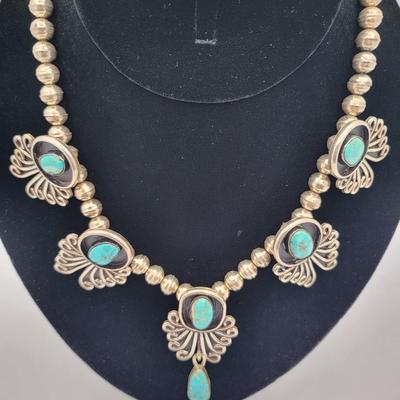 Exquisite Six Turquoise Stone Navajo Silver Necklace $800-$1000 Value
