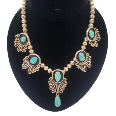 Exquisite Six Turquoise Stone Navajo Silver Necklace $800-$1000 Value