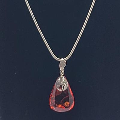 Teardrop Baltic Amber Pendant on Sterling Chain 20.4gr