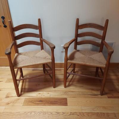 Two Solid Wood Ladder Back Chairs w/ Rush Seats by Arval Woody (P-BBL)