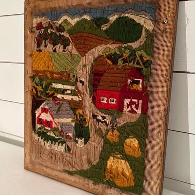 FRAMED CREWEL ART FARM SCENE