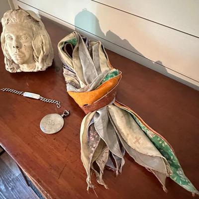 SCUPLTURE FEMALE, STERLING & SCARF LOT
