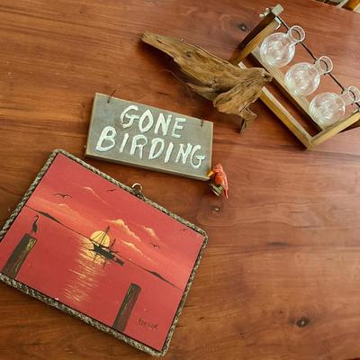 PLANT PROPAGATION STATION, WOOD BIRD ART, GONE BIRDING SIGN, BOAT PICTURE