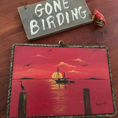 PLANT PROPAGATION STATION, WOOD BIRD ART, GONE BIRDING SIGN, BOAT PICTURE
