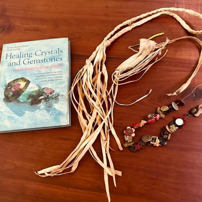 MEDICINE POUCH, VINTAGE BUTTON NECKLACE, HEALING CRYSTALS BOOK
