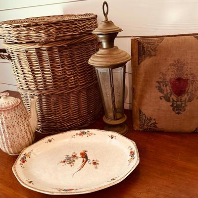 STRAW BASKET, PEACOCK PLATTER, PITCHER, ANDTIQUE PHOTO ALBUM & CANDLE LIGHT