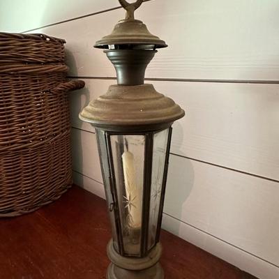 STRAW BASKET, PEACOCK PLATTER, PITCHER, ANDTIQUE PHOTO ALBUM & CANDLE LIGHT