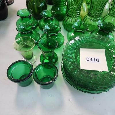 Large Collection of Green Glassware Plates, Bowls, Vases, Chicken