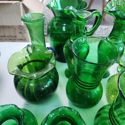 Large Collection of Green Glassware Plates, Bowls, Vases, Chicken