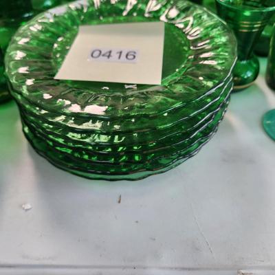 Large Collection of Green Glassware Plates, Bowls, Vases, Chicken