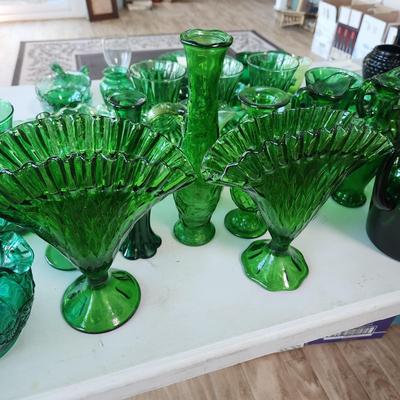 Large Collection of Green Glassware Plates, Bowls, Vases, Chicken