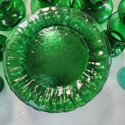 Large Collection of Green Glassware Plates, Bowls, Vases, Chicken