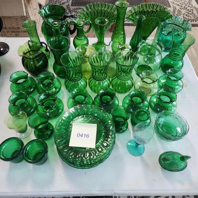 Large Collection of Green Glassware Plates, Bowls, Vases, Chicken