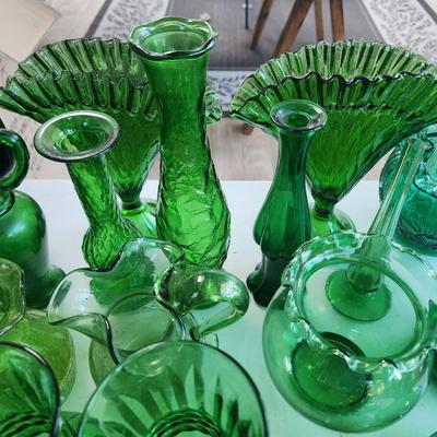 Large Collection of Green Glassware Plates, Bowls, Vases, Chicken