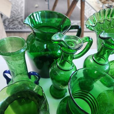 Large Collection of Green Glassware Plates, Bowls, Vases, Chicken
