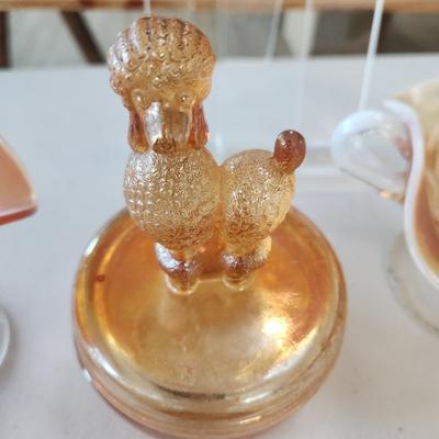 5 Pieces Carnival Glass Dishes ,Vase , Poodle dog Cover bowl
