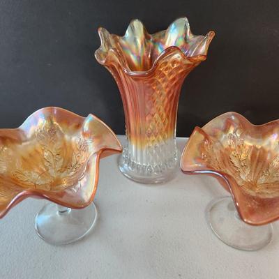 5 Pieces Carnival Glass Dishes ,Vase , Poodle dog Cover bowl
