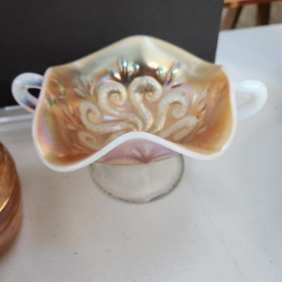 5 Pieces Carnival Glass Dishes ,Vase , Poodle dog Cover bowl
