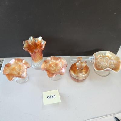 5 Pieces Carnival Glass Dishes ,Vase , Poodle dog Cover bowl