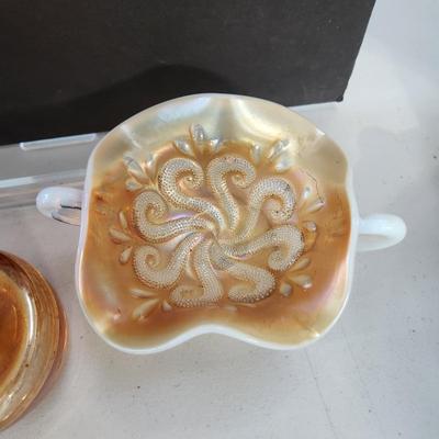 5 Pieces Carnival Glass Dishes ,Vase , Poodle dog Cover bowl