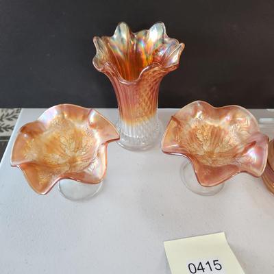 5 Pieces Carnival Glass Dishes ,Vase , Poodle dog Cover bowl