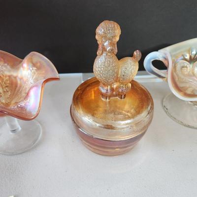 5 Pieces Carnival Glass Dishes ,Vase , Poodle dog Cover bowl