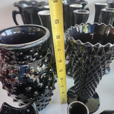 Large Lot of Black Amethyst Glassware Trophy Vases, Flower Vases, Bowls