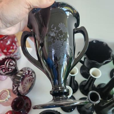 Large Lot of Black Amethyst Glassware Trophy Vases, Flower Vases, Bowls