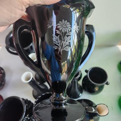 Large Lot of Black Amethyst Glassware Trophy Vases, Flower Vases, Bowls