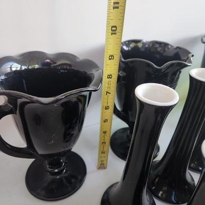 Large Lot of Black Amethyst Glassware Trophy Vases, Flower Vases, Bowls