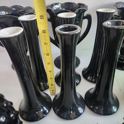Large Lot of Black Amethyst Glassware Trophy Vases, Flower Vases, Bowls