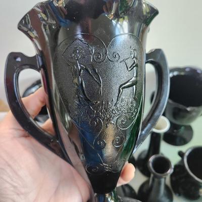 Large Lot of Black Amethyst Glassware Trophy Vases, Flower Vases, Bowls
