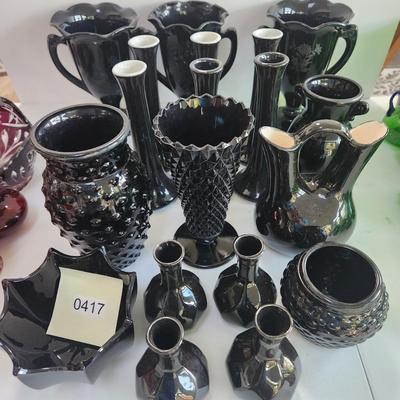 Large Lot of Black Amethyst Glassware Trophy Vases, Flower Vases, Bowls