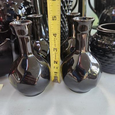 Large Lot of Black Amethyst Glassware Trophy Vases, Flower Vases, Bowls