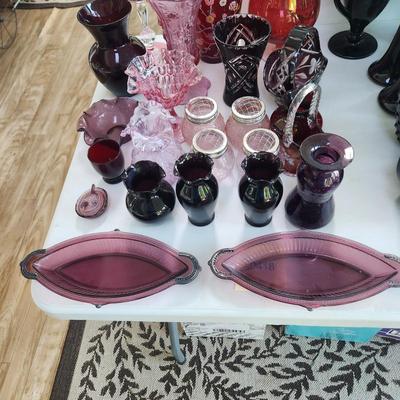 Lot of Red Pink Glassware , Bowls, Flower Vases, Serving Dishes