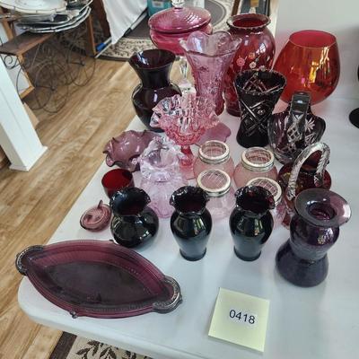 Lot of Red Pink Glassware , Bowls, Flower Vases, Serving Dishes