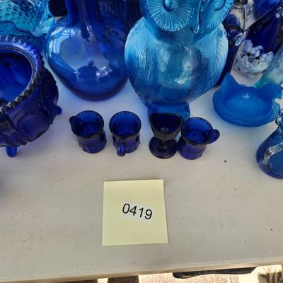 Large Lot of Blue Glassware Vases , Owl Pitcher, and others