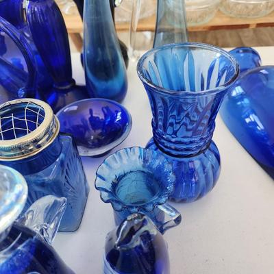 Large Lot of Blue Glassware Vases , Owl Pitcher, and others