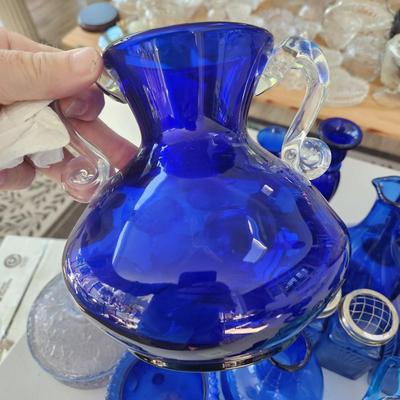Large Lot of Blue Glassware Vases , Owl Pitcher, and others
